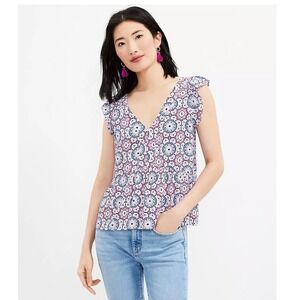 LOFT Petites Blouse Floral Print Cap Sleeve V-Neck Top‎ Size LP